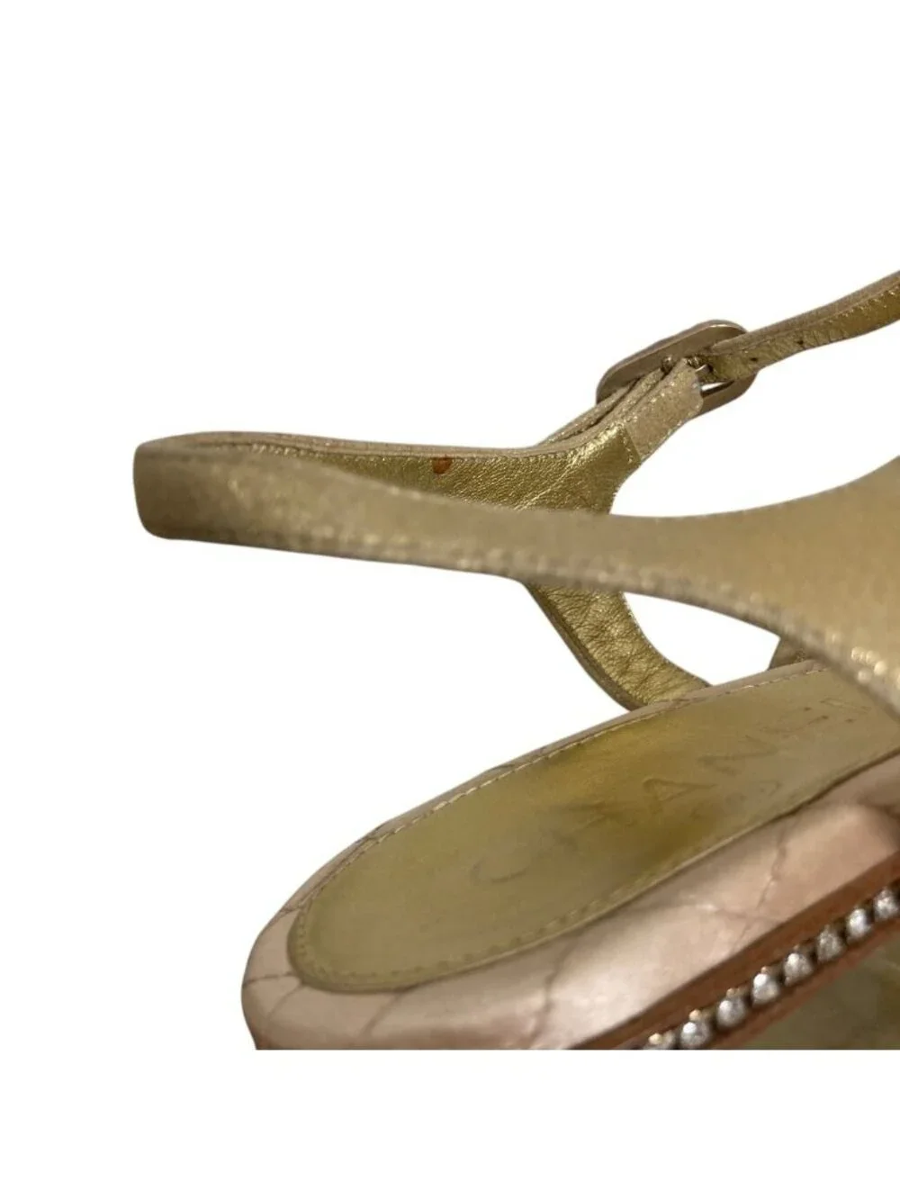 Chanel CC Logo Rhinestone Ankle Strap Flat Sandals 37C Gold